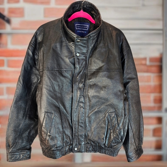 Vintage Savile Row Mens Black Leather Biker Jacket Sz L Zip & Snap Adj. Wrist